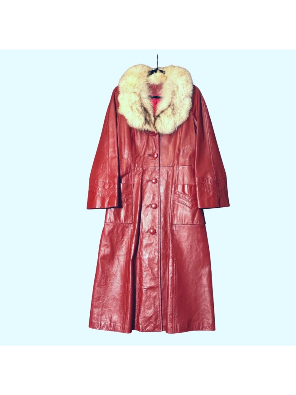Women's Long Trench Coat Size 16 Red Leather Fur Collar Button Front Vintage 70s